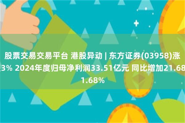 股票交易交易平台 港股异动 | 东方证券(03958)涨超3% 2024年度归母净利润33.51亿元 同比增加21.68%